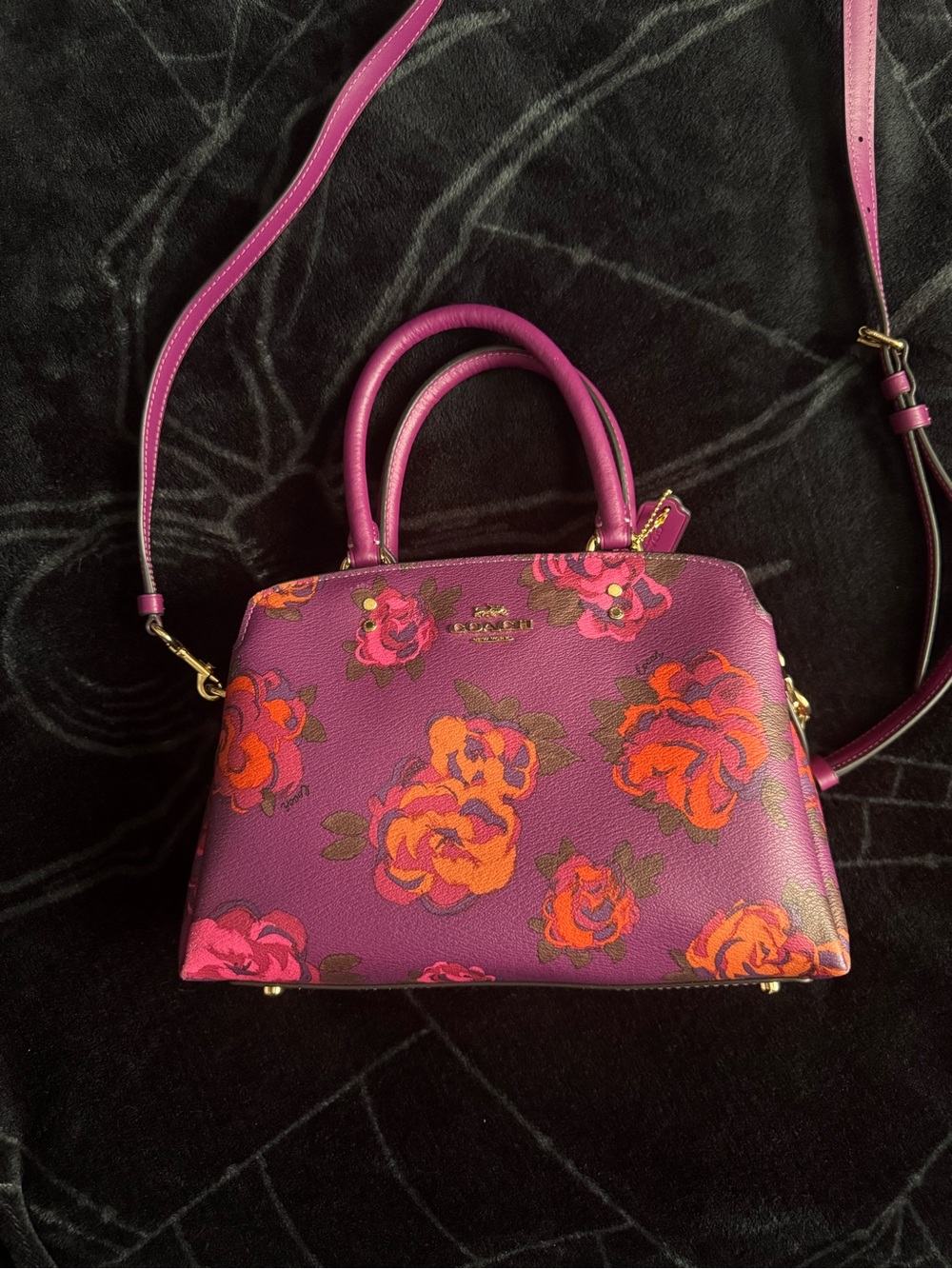 Coach Mini Lillie Carry All in Dark Magenta and Large Floral Print (EUC)